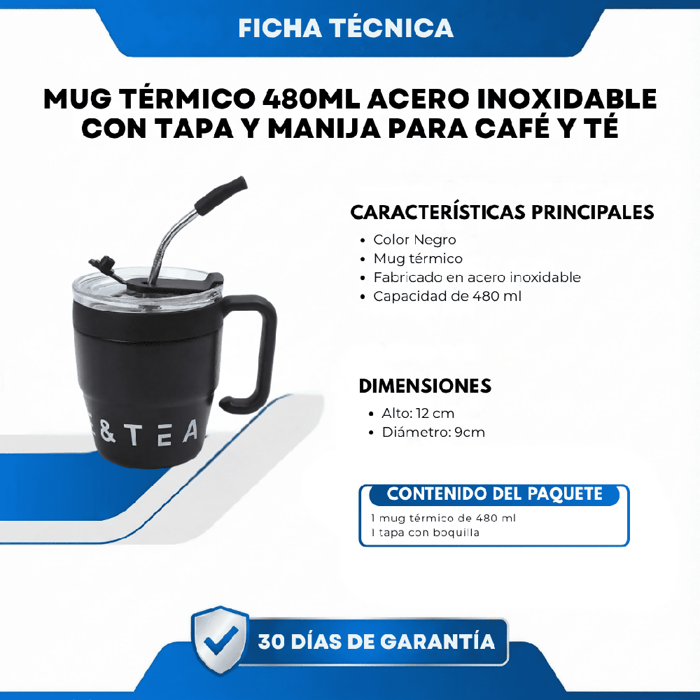 Mug Térmico 480ml Acero Inoxidable con Tapa y Manija para Café y Té