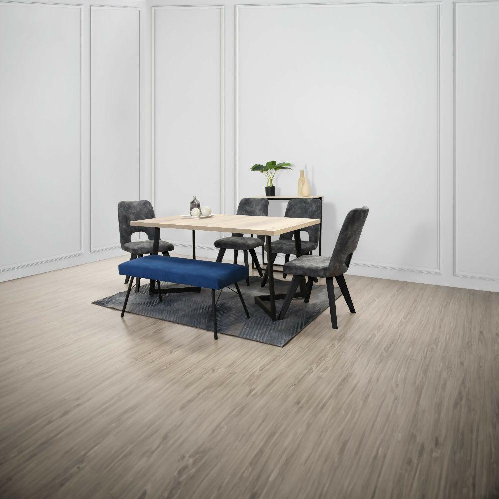 Comedor Rio 6 Puestos Sillas Leira y Butaco Tela Gris Azul