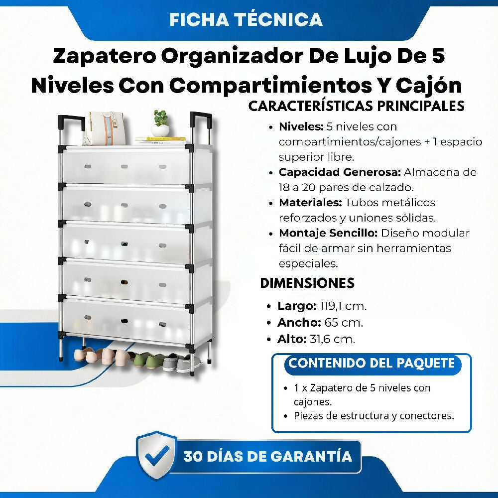 Zapatero Organizador De Lujo De 5 Niveles Con Compartimientos Y Cajón