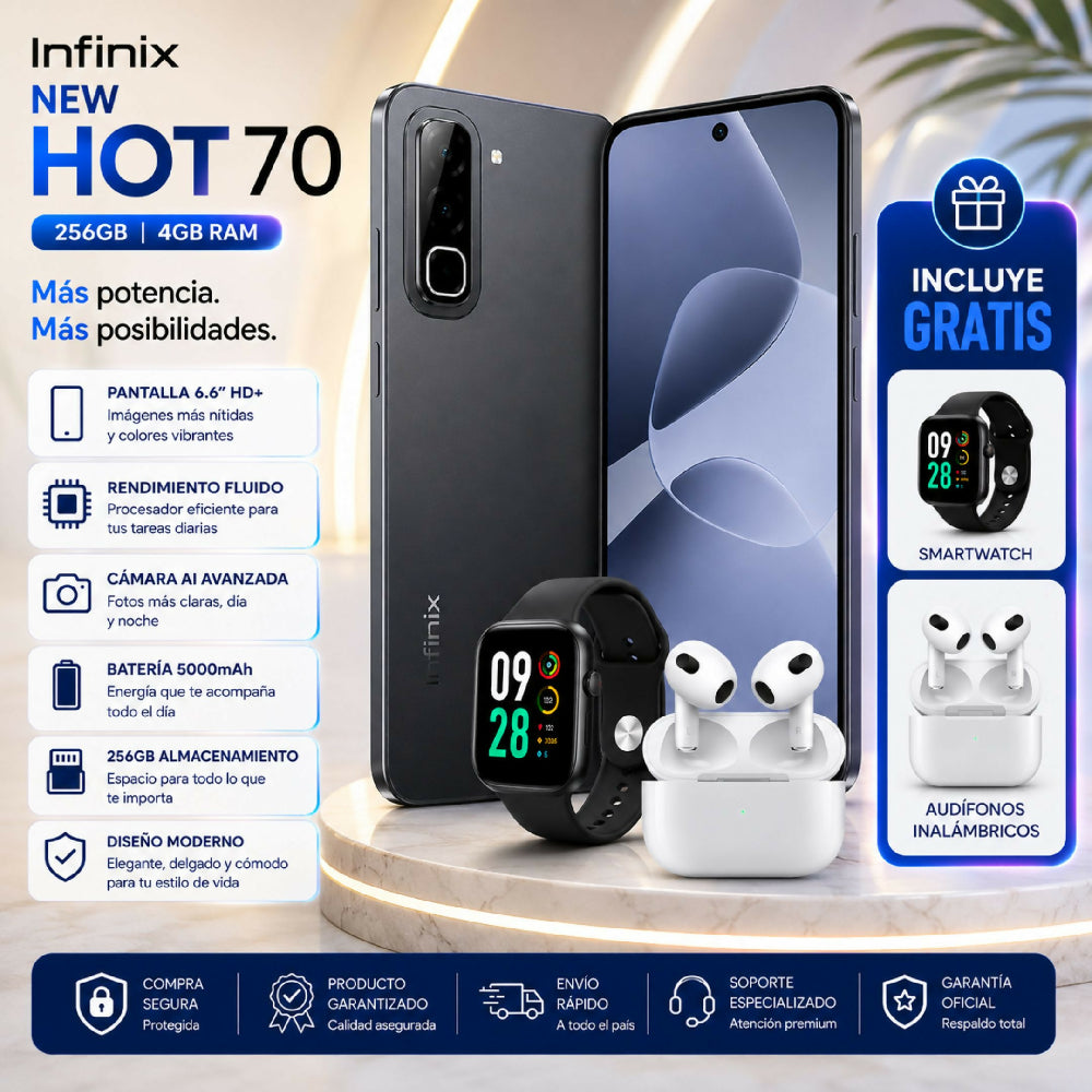 Celular Infinix Hot 70 256GB 4GB RAM Negro + Obsequio De Audífonos Y Reloj