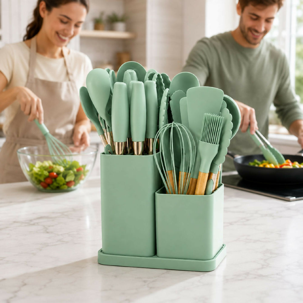 Set De Utensilios Y Cuchillos De 19 Piezas Silicona Antiadherente Y Acero Inoxidable Verde
