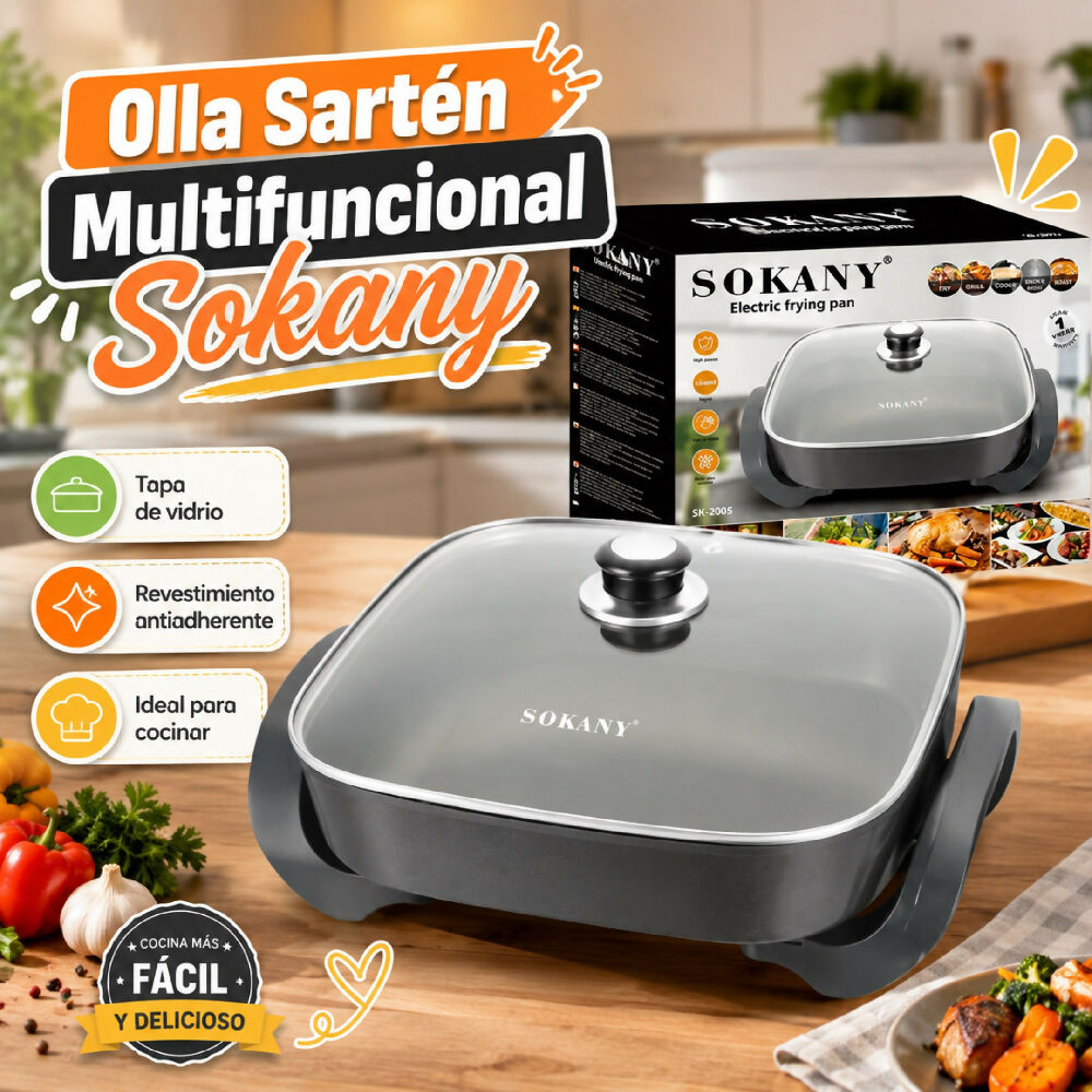 Olla Sarten Electrica Sokany Antiadherente Multiusos 1500W Multifuncional