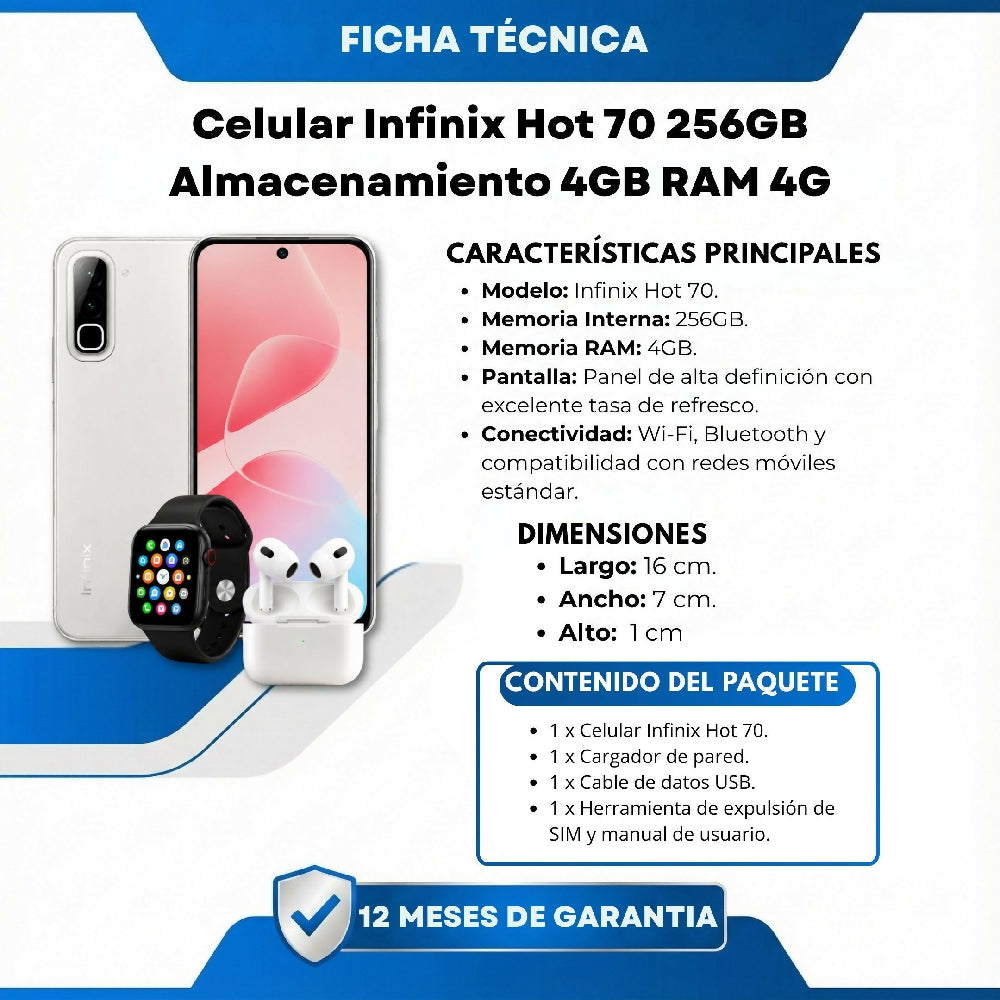 Celular Infinix Hot 70 256GB 4GB RAM Blanco + Obsequio De Audífonos Y Reloj