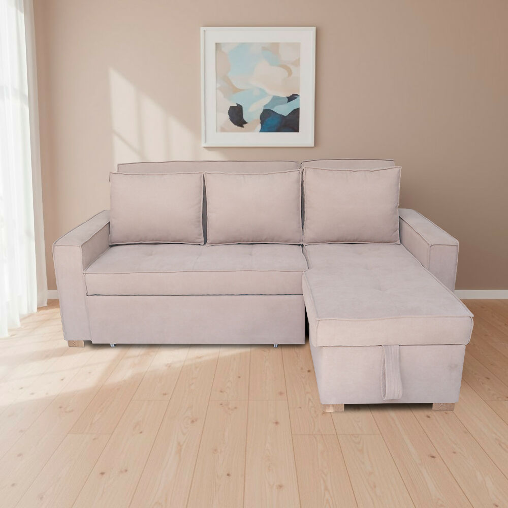 Esquinero Baúl Marsella Multifuncional Reclinable Derecho Beige + Cojines Decorativos
