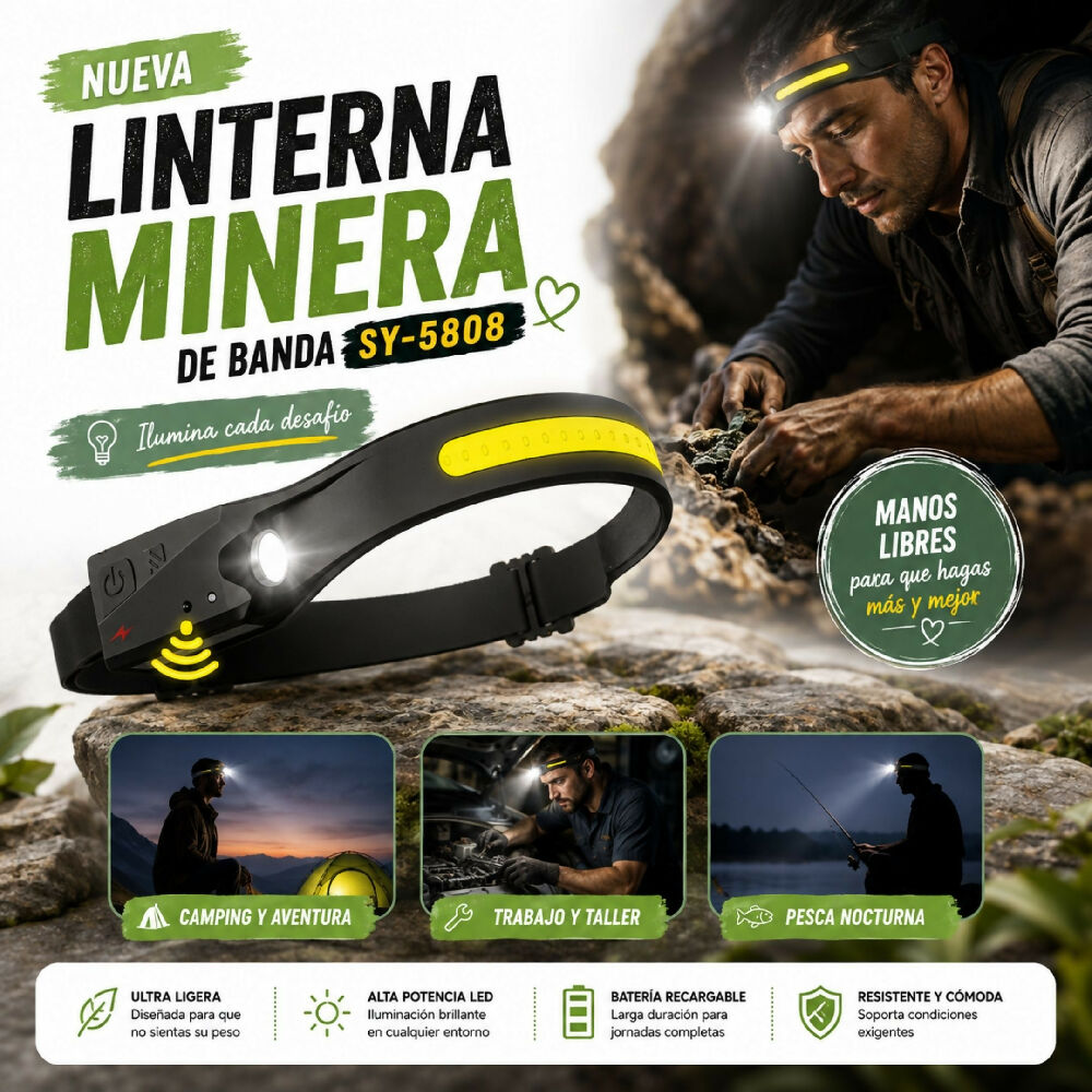 Linterna Minera De Banda SY5808 Potencia LED Recargable Y Banda Elástica Ajustable
