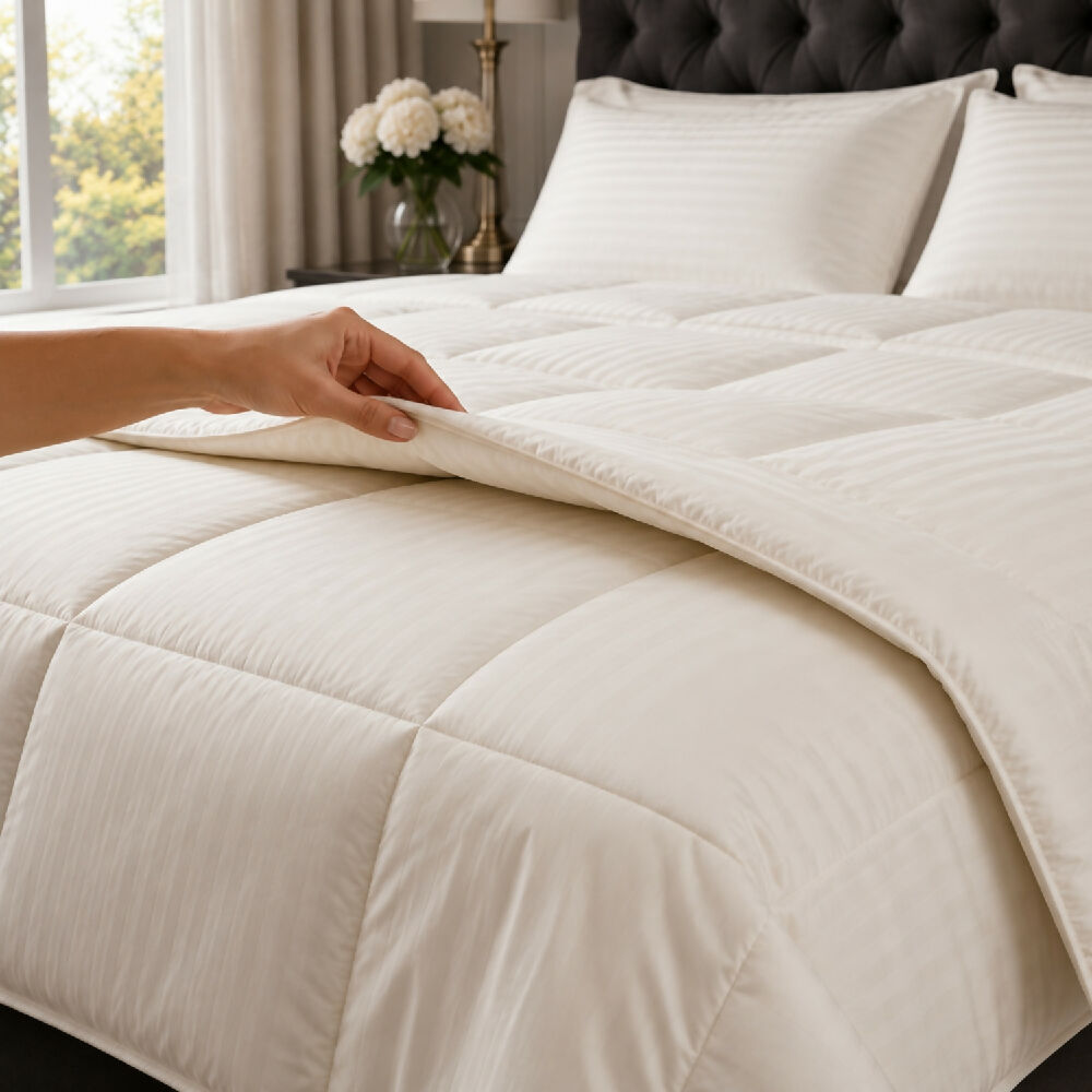 Plumón Tipo Hotel Raya Satinada Beige 300 g con Fundas de Almohada Cama Queen Mindy