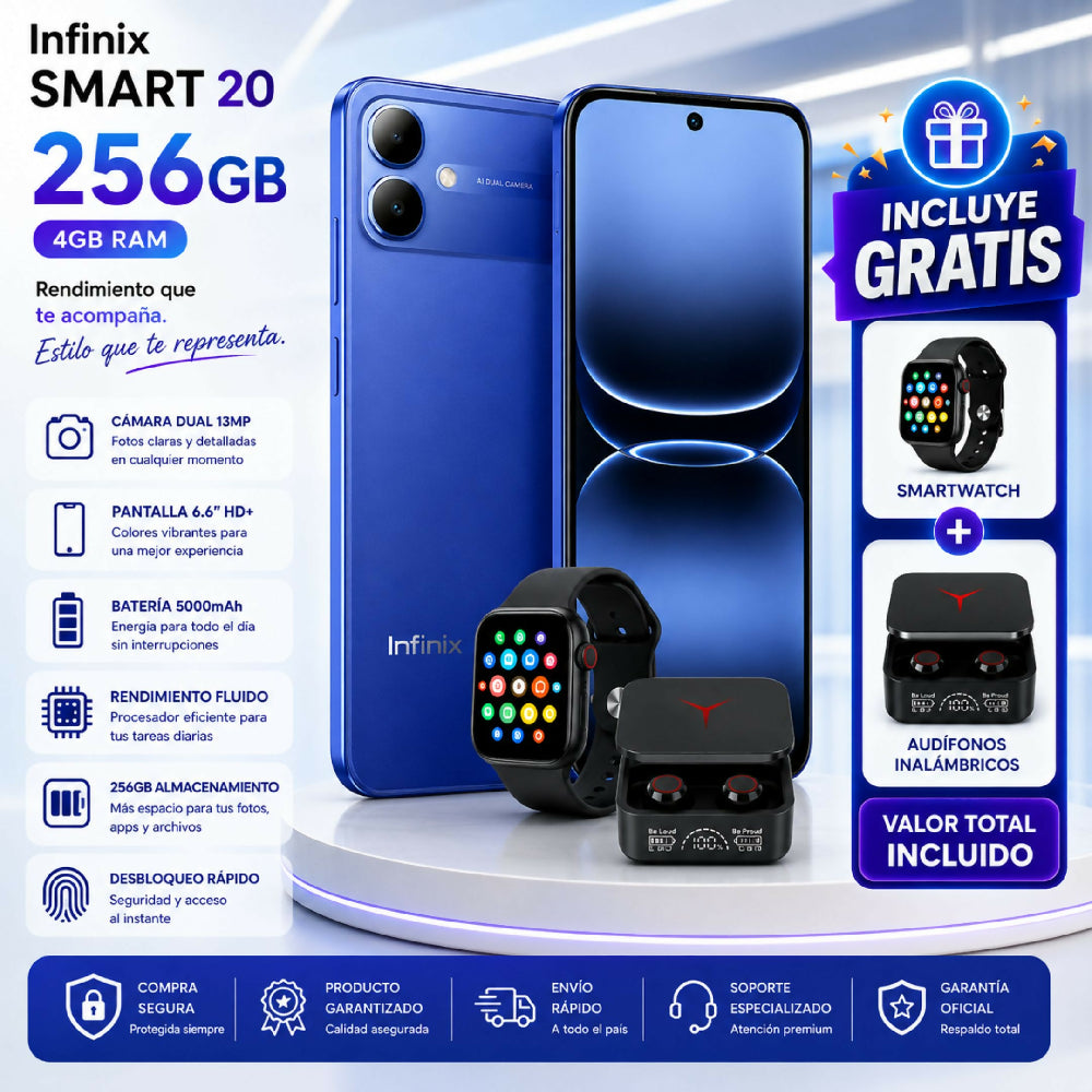 Celular Infinix Smart 20 256GB 4GB RAM Azul + Audífonos Y Reloj Obsequio