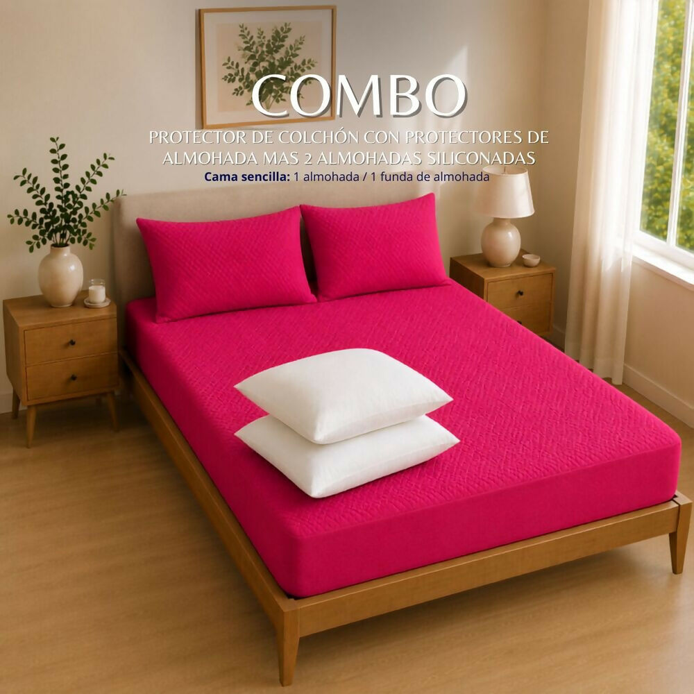 Combo protector colchon + 2 almohadas siliconadas king fucsia