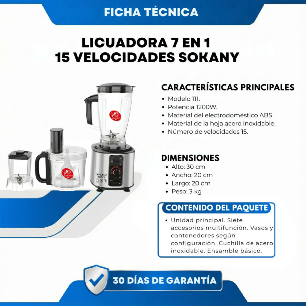 Licuadora 7 En 1 Sokany 15 Velocidades Procesador Multifuncional De Alta Potencia Para Cocina Completa