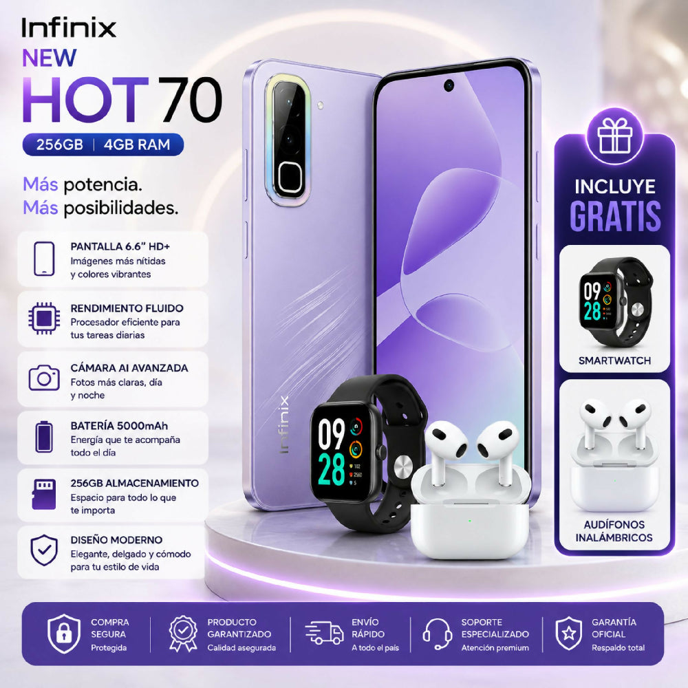 Celular Infinix Hot 70 256GB 4GB RAM Morado + Obsequio De Audífonos Y Reloj