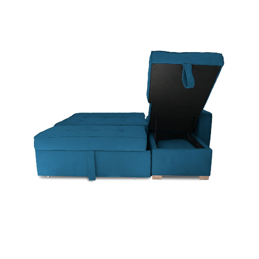 Esquinero Baúl Marsella Multifuncional Reclinable Derecho Azul Petróleo + Cojines Decorativos