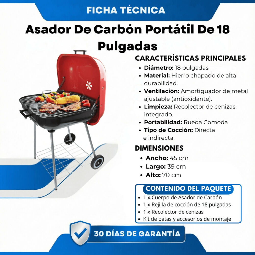 Asador De Carbón Portátil De 18 Pulgadas Con Ruedas Y Parrilla De Acero Cromado