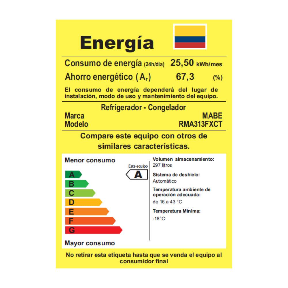 Nevera No Frost Mabe de 313 Litros en Acabado Platinum