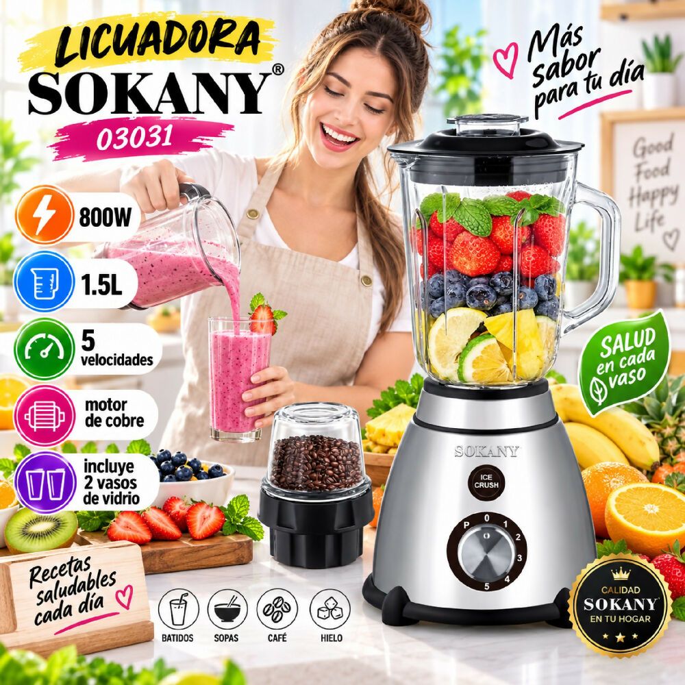Licuadora Vaso De Alimentos Sokany 2 En 1 SK-03031 Alta Potencia Bebida 1,5L