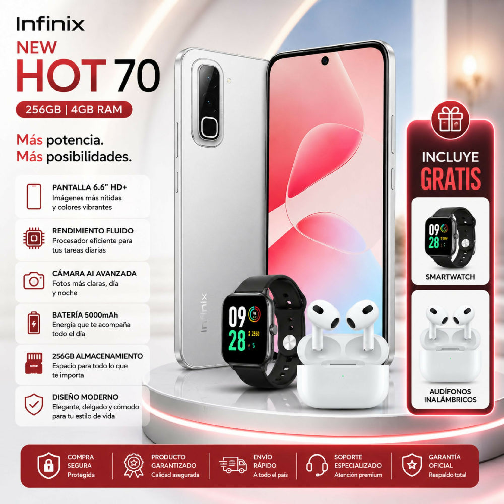 Celular Infinix Hot 70 256GB 4GB RAM Blanco + Obsequio De Audífonos Y Reloj