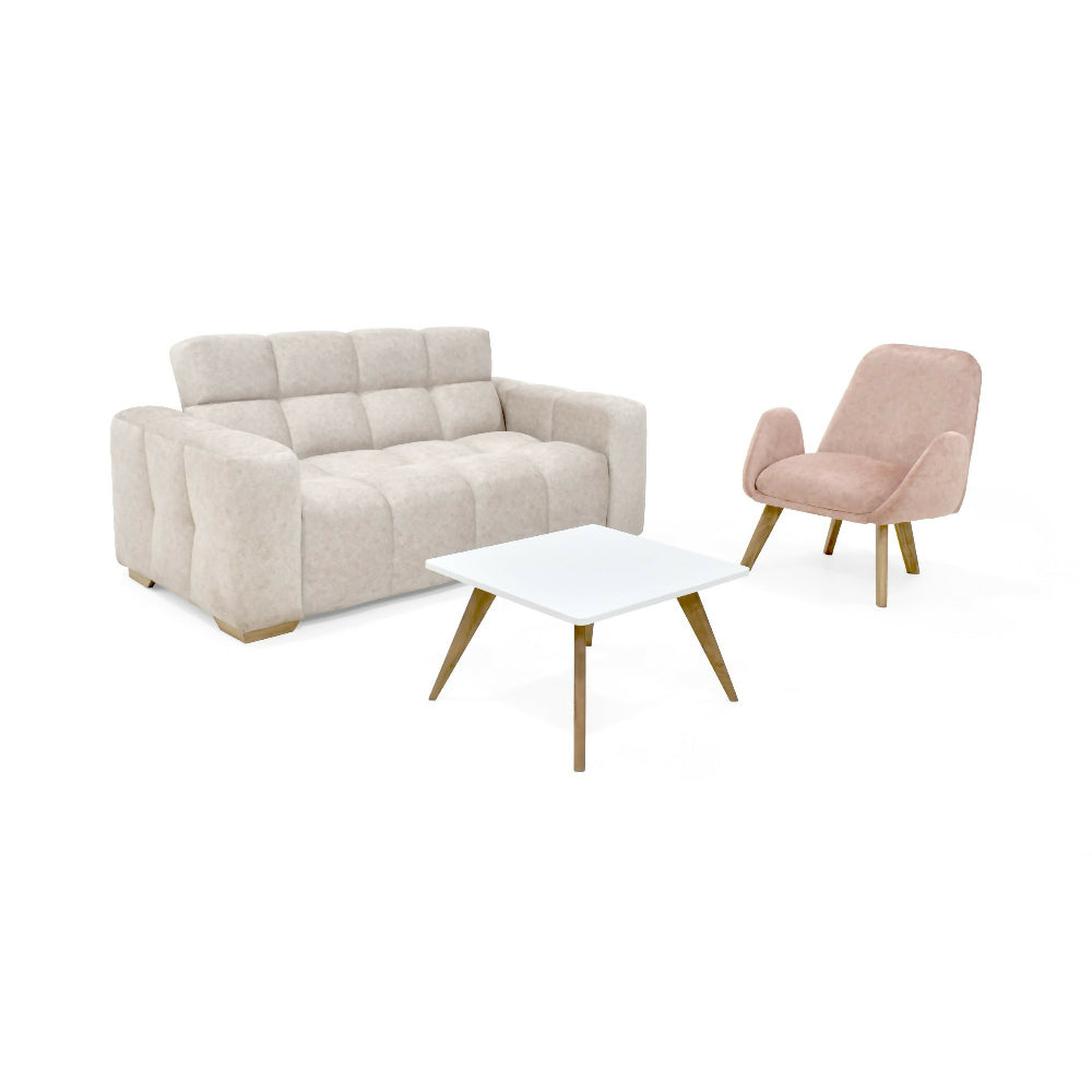 Set de Sala con Sofa Miami 2 Puestos Tela Beige con Poltrona Sibu Tela Salmon y Mesa Nova