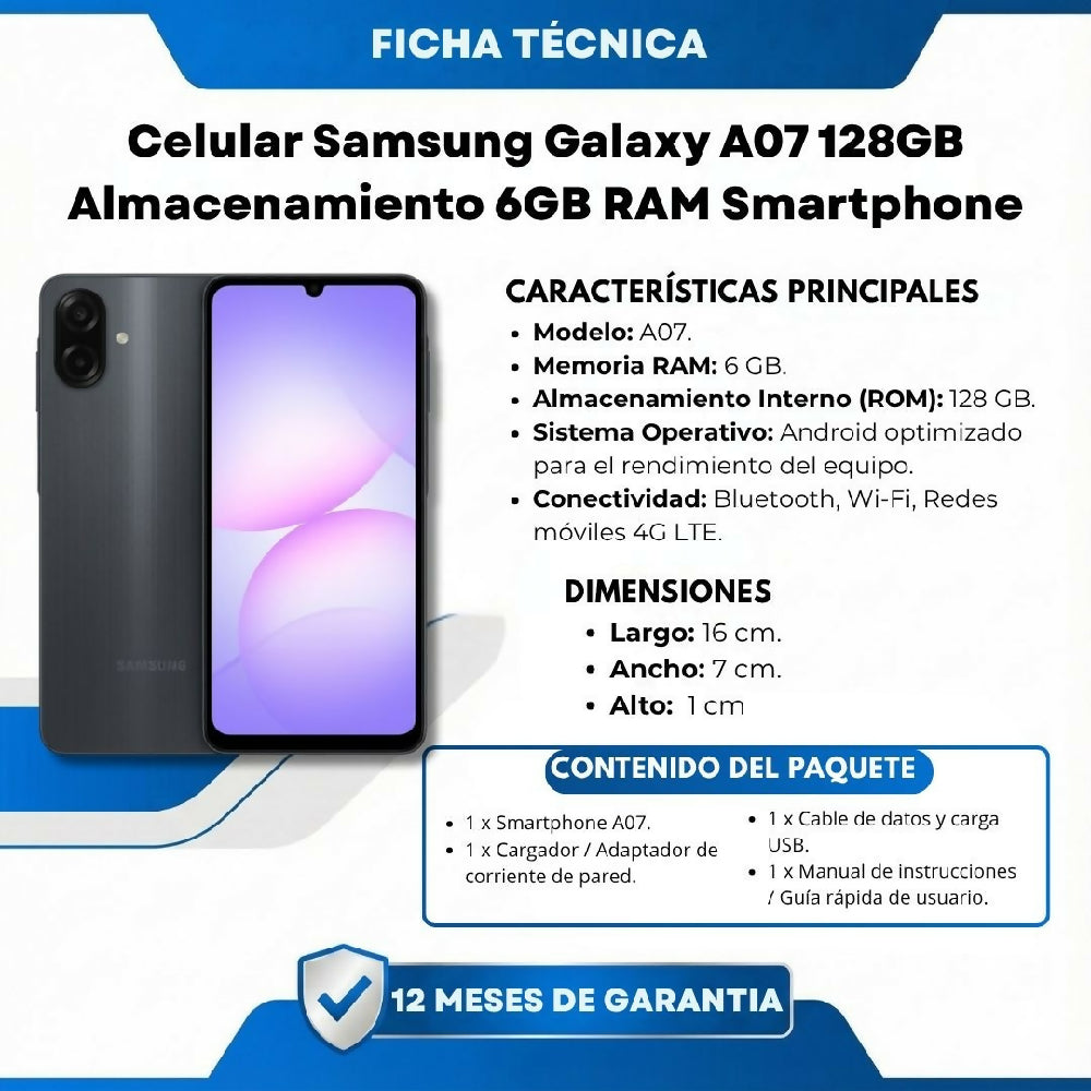Celular Samsung Galaxy A07 128GB Almacenamiento 6GB RAM Smartphone Negro