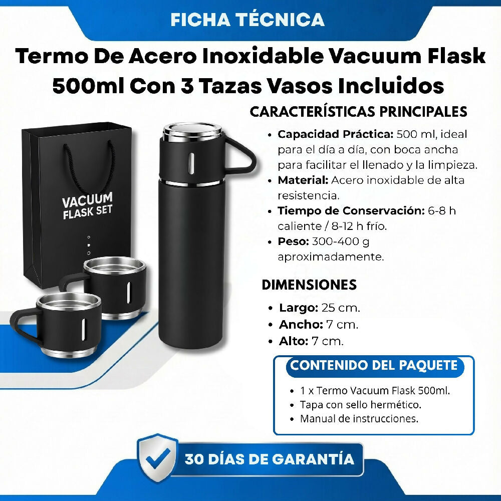 Termo De Acero Inoxidable Vacuum Flask 500ml Con 3 Tazas Vasos Incluidos Negro