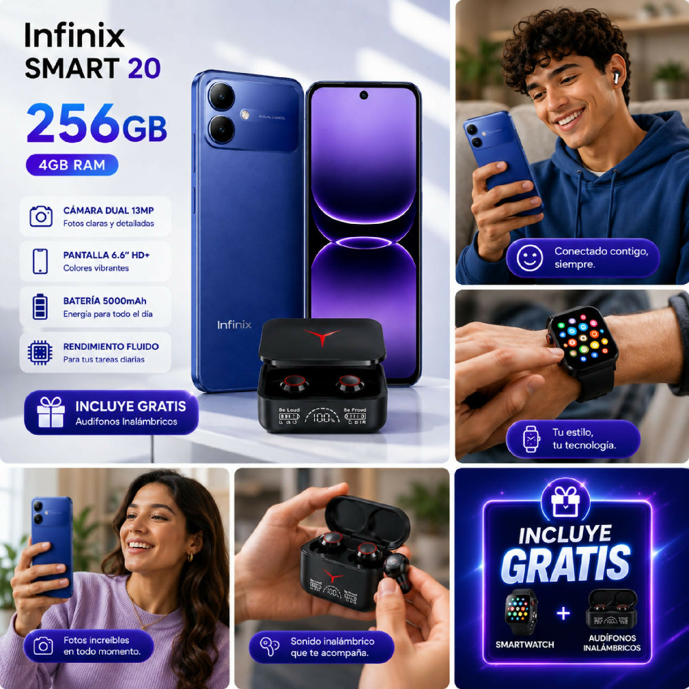 Celular Infinix Smart 20 256GB 4GB RAM Azul + Audífonos Y Reloj Obsequio