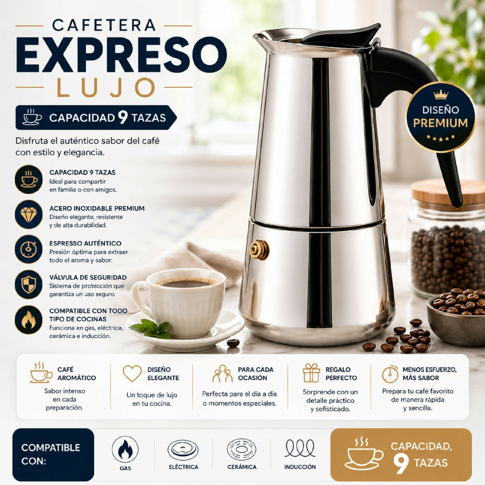 Cafetera Expreso Italiana De Lujo Acero Inoxidable 9 Tazas