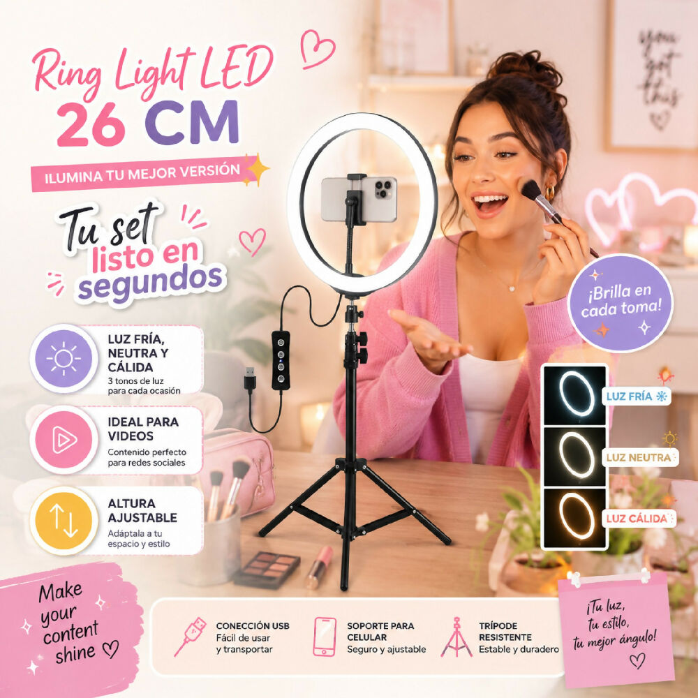 Aro De Luz Selfie De 26Cm Alimentación USB Con Soporte Ajustable Para Teléfono