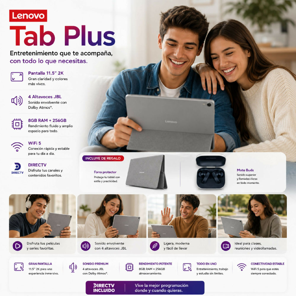 Tablet Lenovo Tab Plus 256gb 8gb Ram Wi-Fi + Forro + Moto Buds + DirecTV