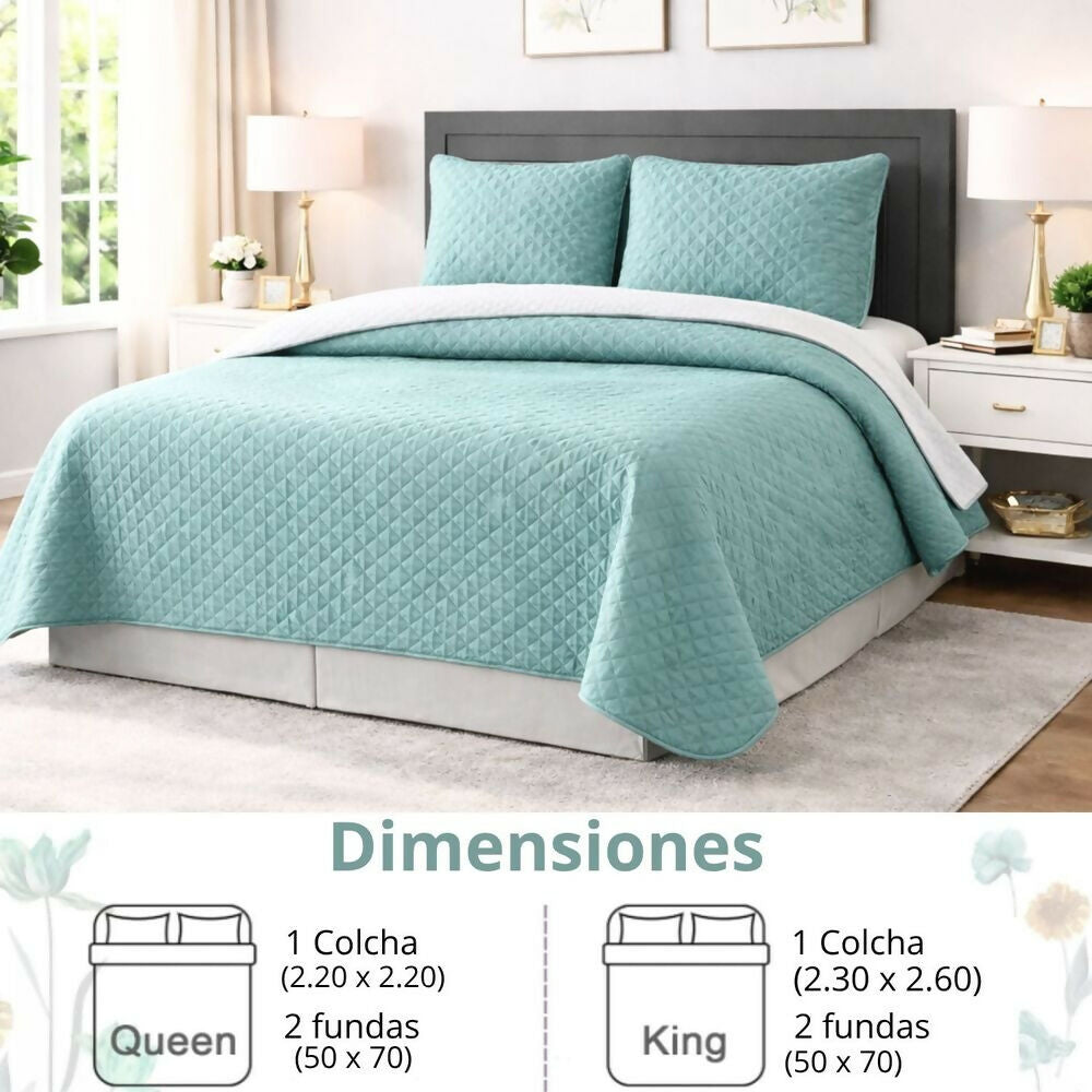 Colcha sencilla doble faz gris verde