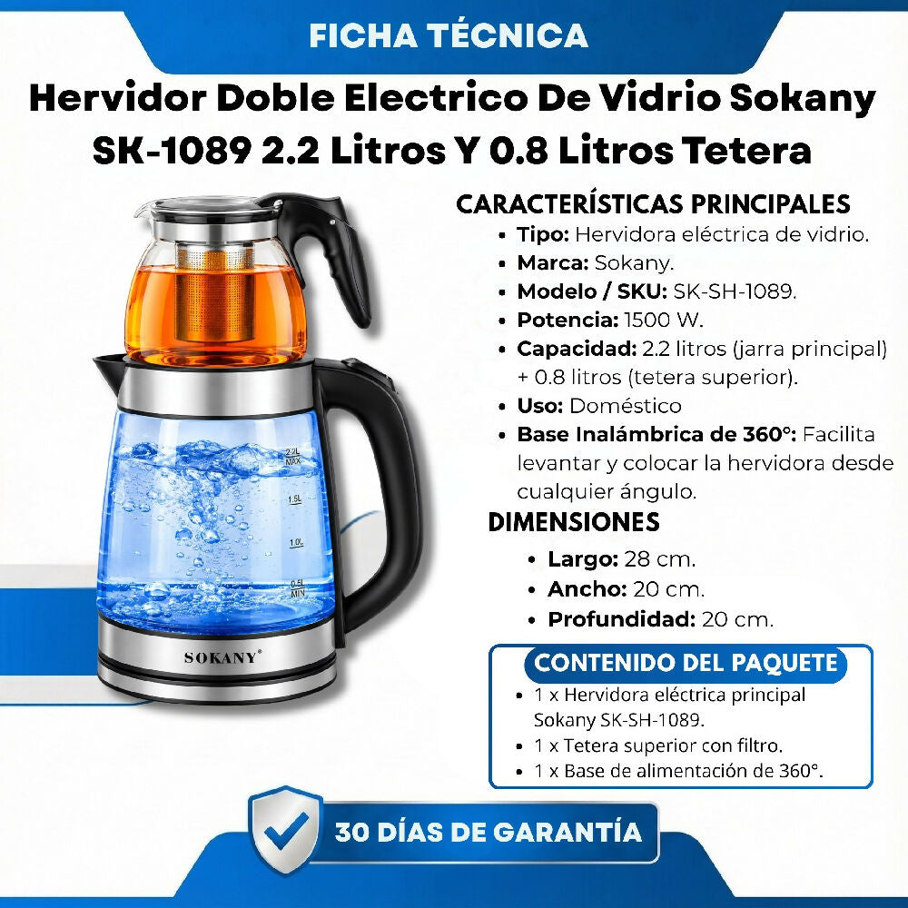 Hervidor Doble Electrico De Vidrio Sokany SK-1089 2.2 Litros Y 0.8 Litros Tetera