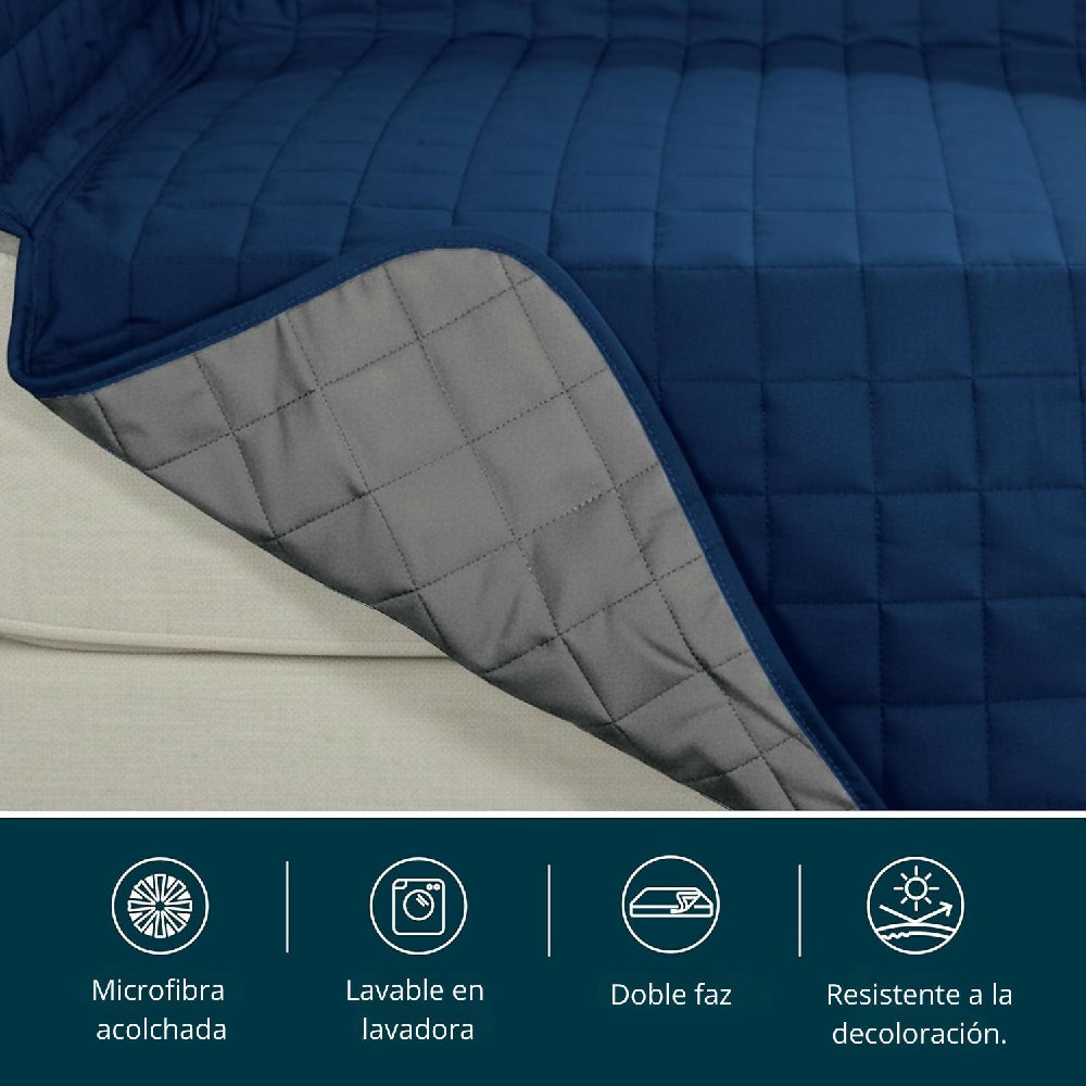 Protector de Sofá 3 Puestos Acolchado Doble Faz Unicolor Azul Oscuro y Gris