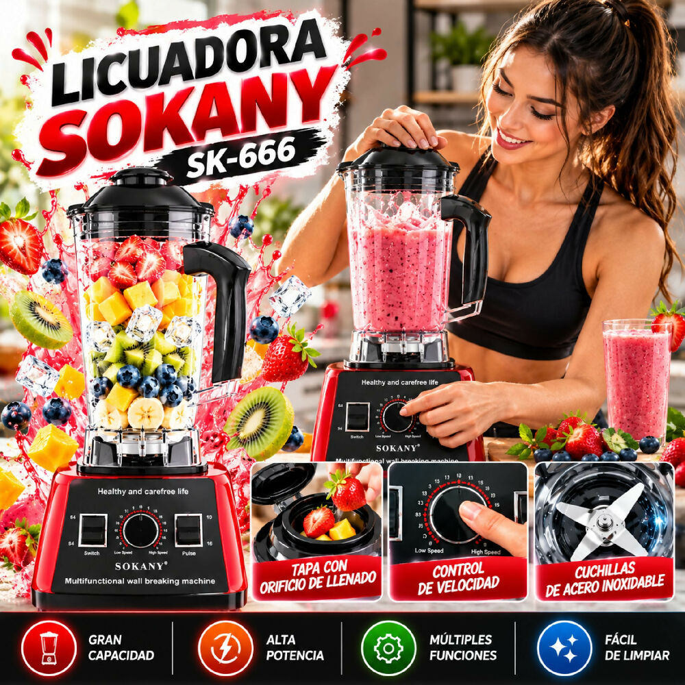 Licuadora Industrial De Alta Potencia Sokany SK-666 Rojo