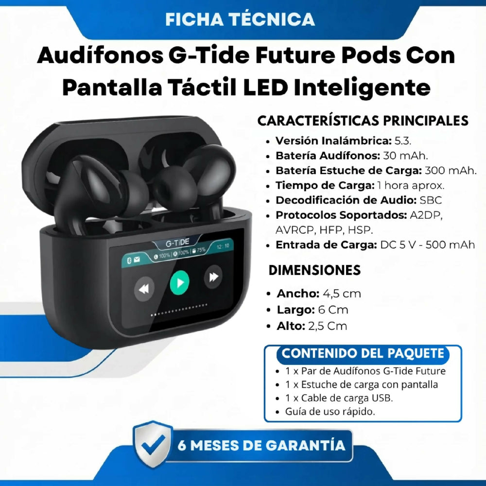 Audífonos G-Tide Future Pods Con Pantalla Táctil LED Inteligente