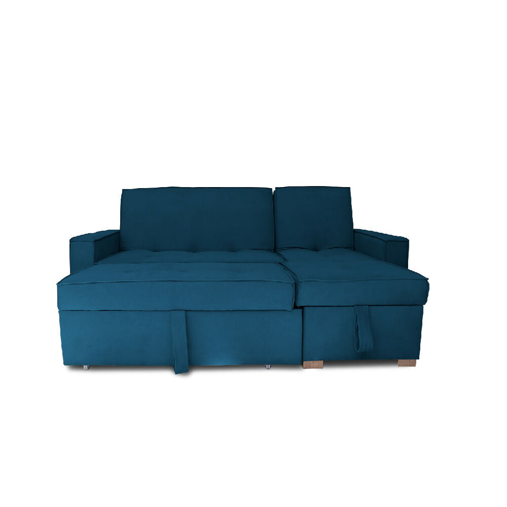 Esquinero Baúl Marsella Multifuncional Reclinable Derecho Azul Petróleo + Cojines Decorativos