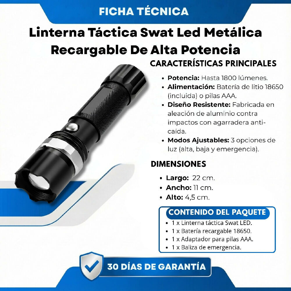 Linterna Táctica Swat Led Metálica Recargable De Alta Potencia