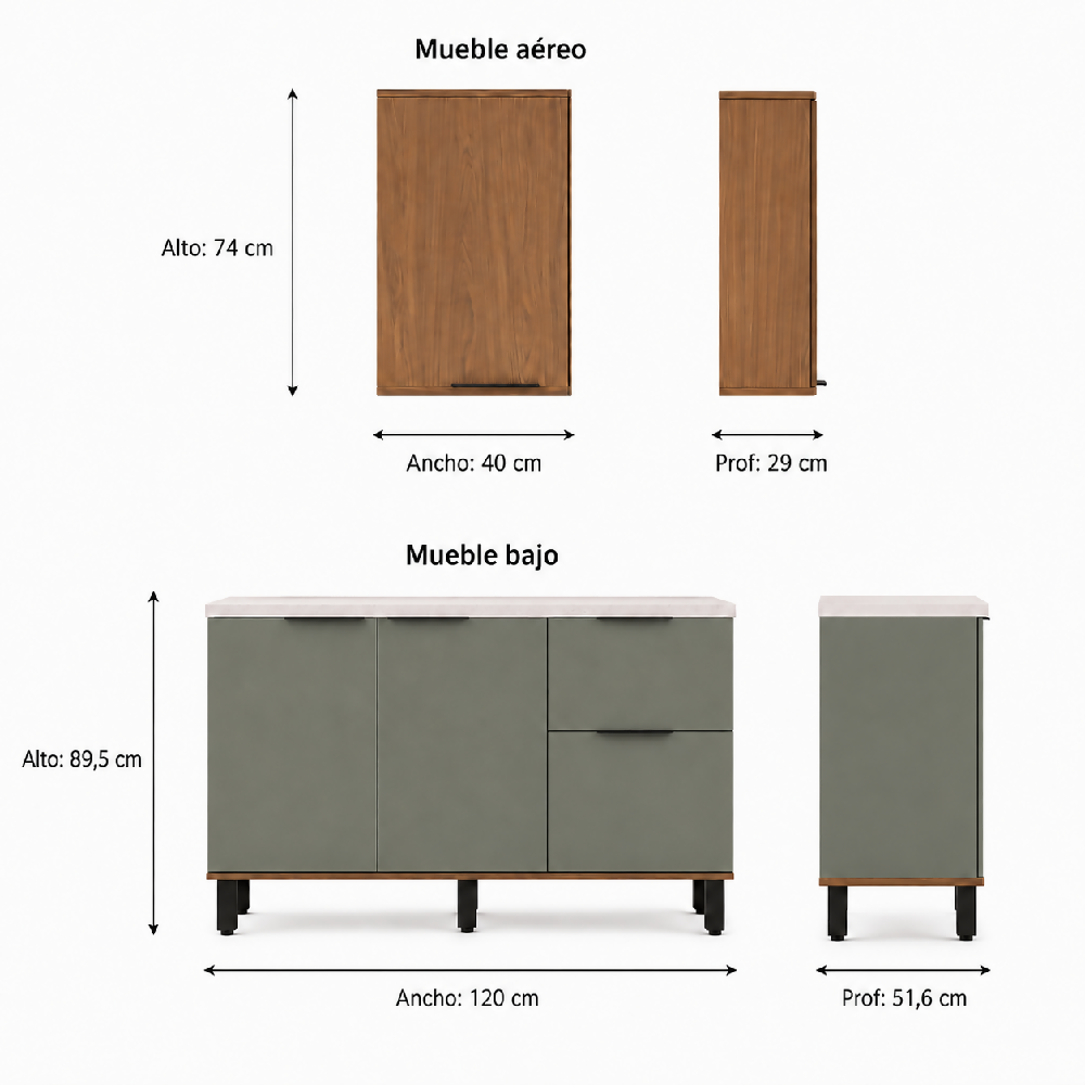 Cocina 120 cm Sicilia 4 Puertas 2 Cajones - Natural/Oliva