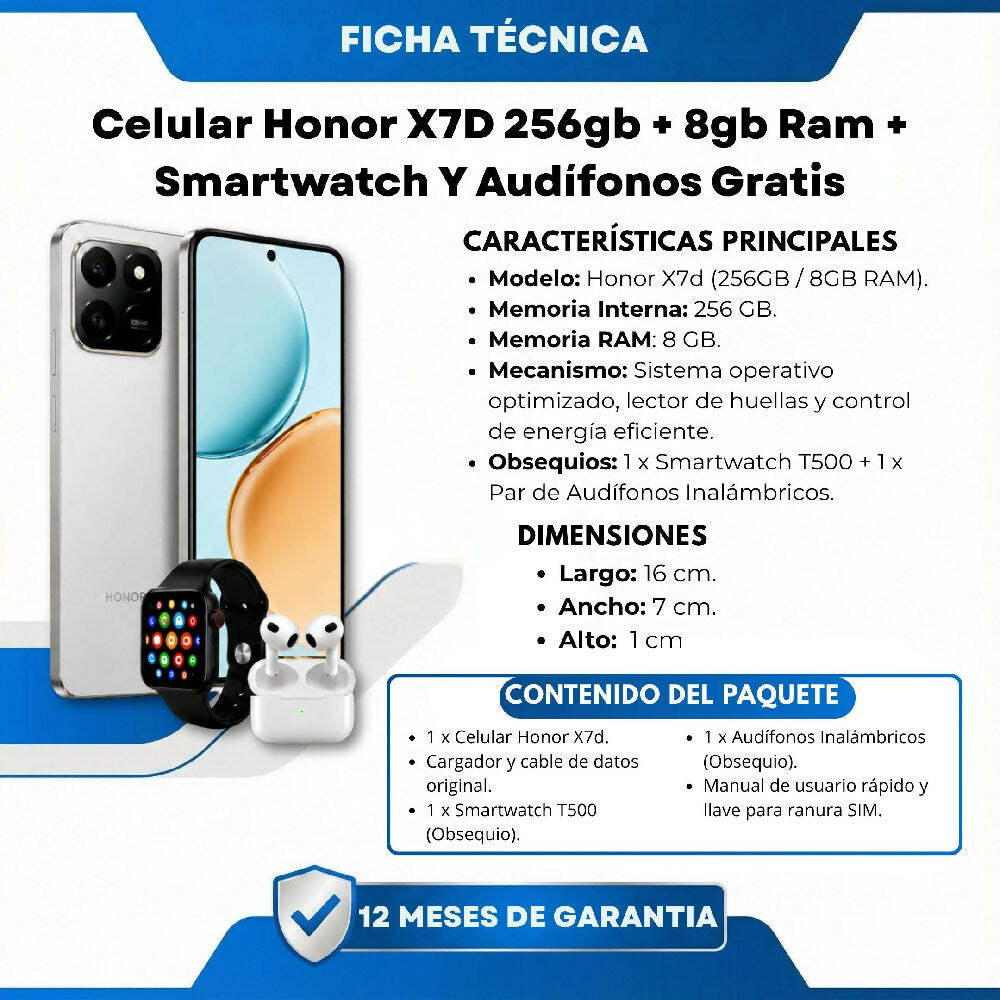 Celular Honor X7d 256gb Gris + 8gb Ram + Smartwatch Y Audífonos Gratis