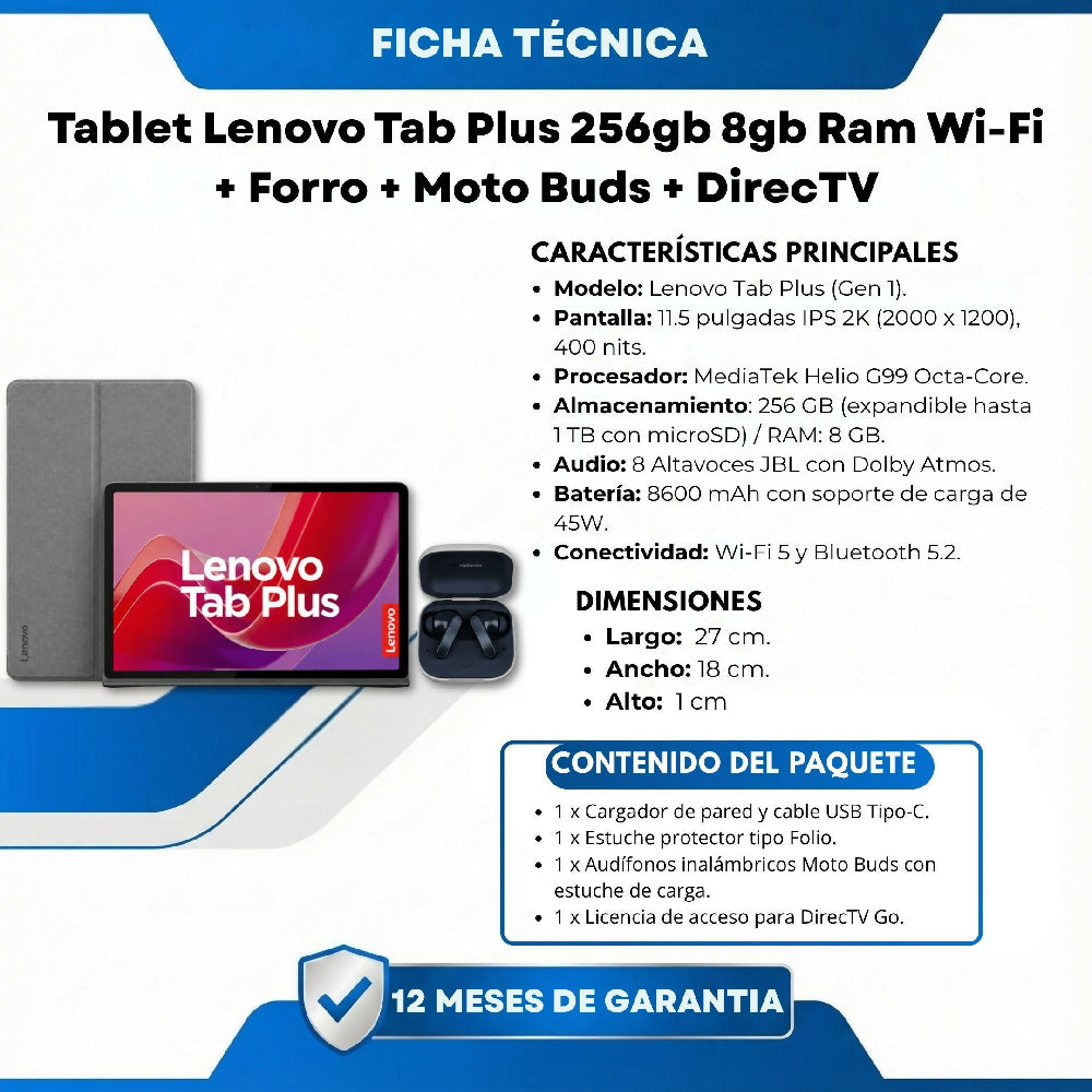 Tablet Lenovo Tab Plus 256gb 8gb Ram Wi-Fi + Forro + Moto Buds + DirecTV