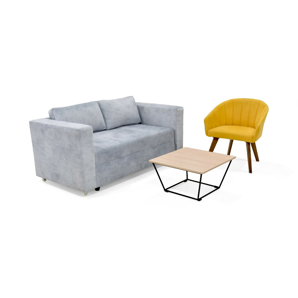 Sala con sofa Cama Baul Baxter Plata + Poltrona Shanghai Mostaza y Mesa Leeds