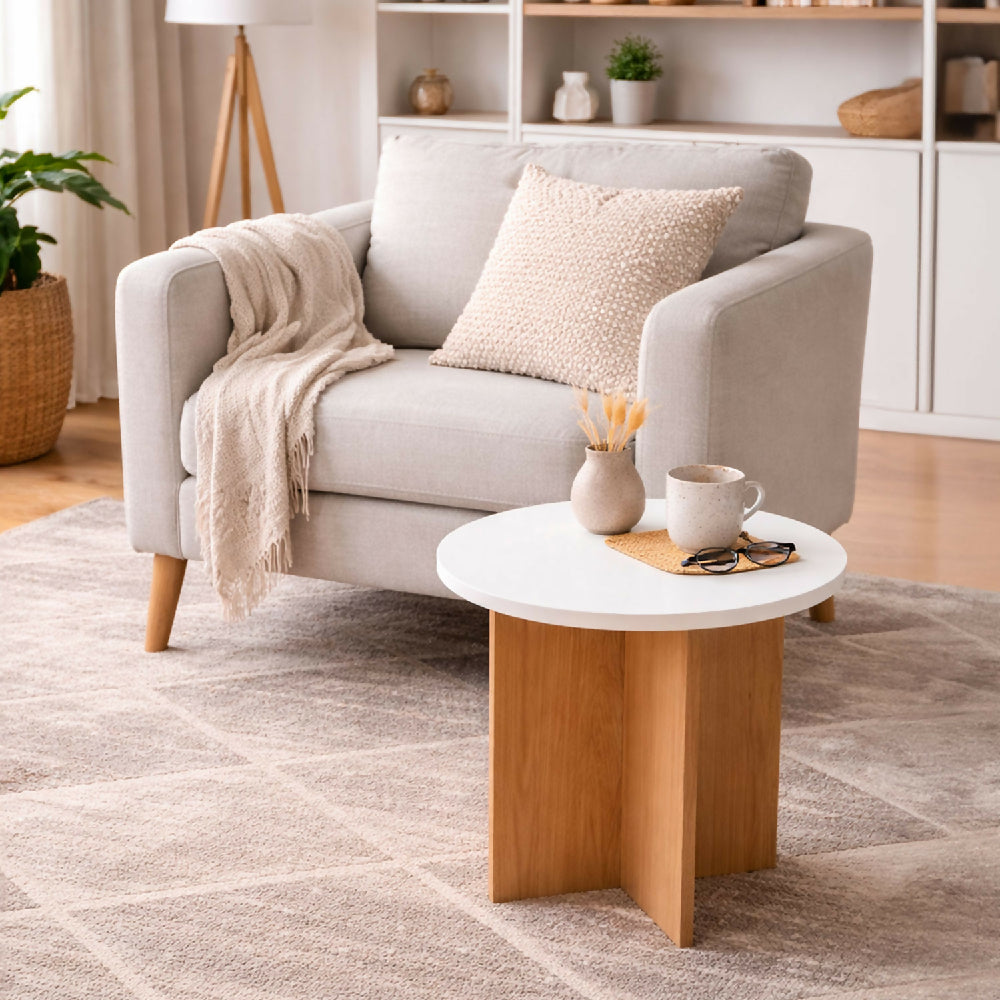Mesa Auxiliar Lenon, Madera Natural y Blanco