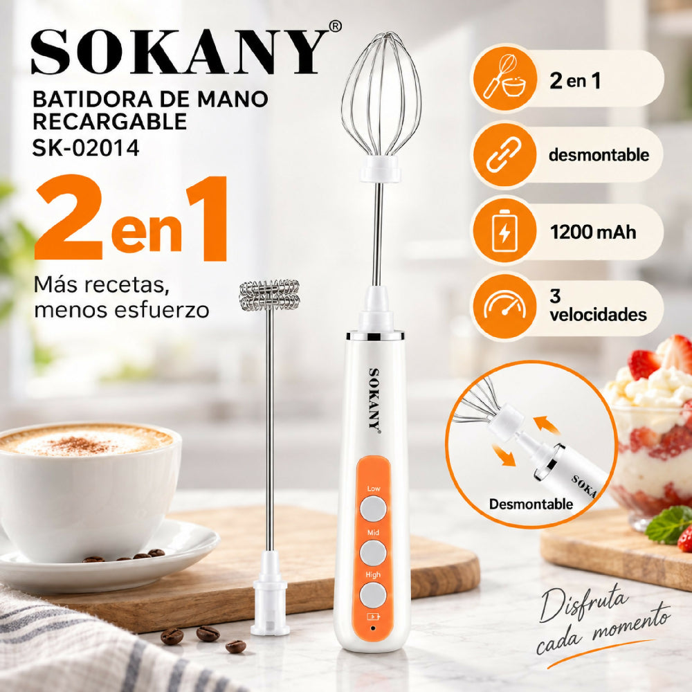 Minibatidora Portátil Recargable Sokany SK-02014 Con Accesorios Blanco