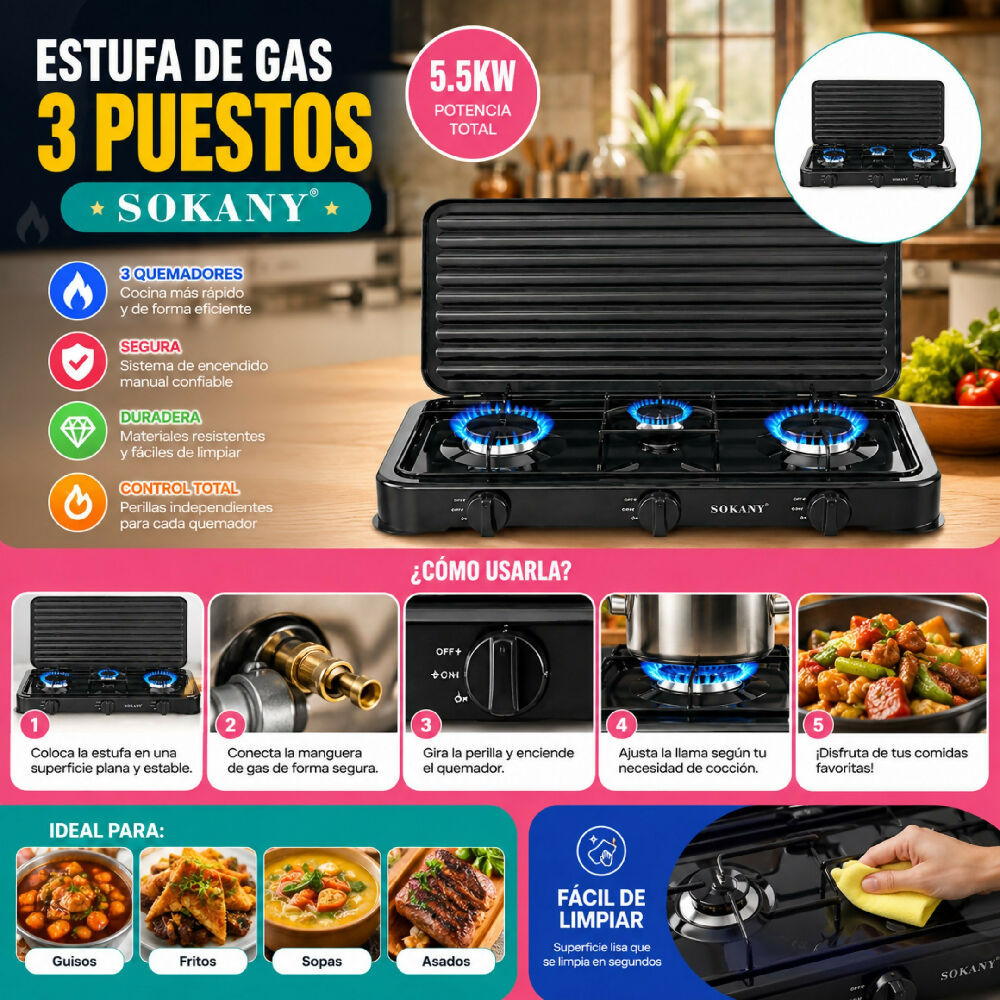 Estufa Eléctrica 3 Puestos Sokany SK-6003 Hornilla Triple De Mesa