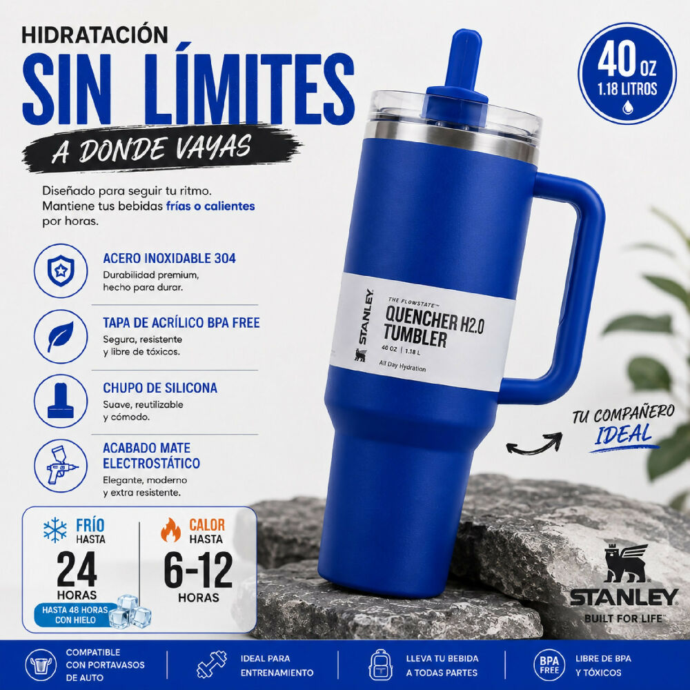 Termo Térmico Stanley 40oz Con Sorbete Ideal Para Gimnasio Y Viajes Azul