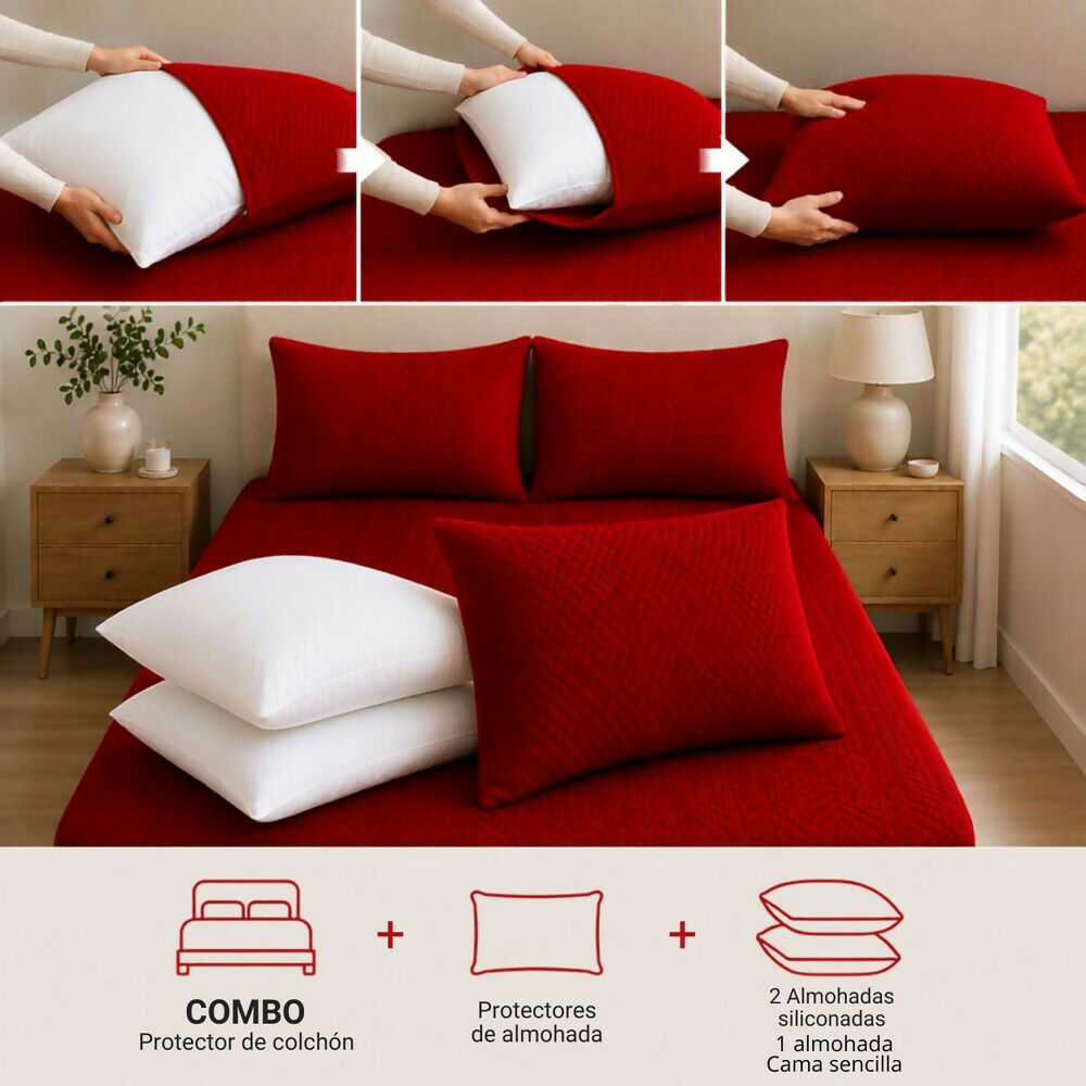 Combo protector colchon + 2 almohadas siliconadas doble rojo