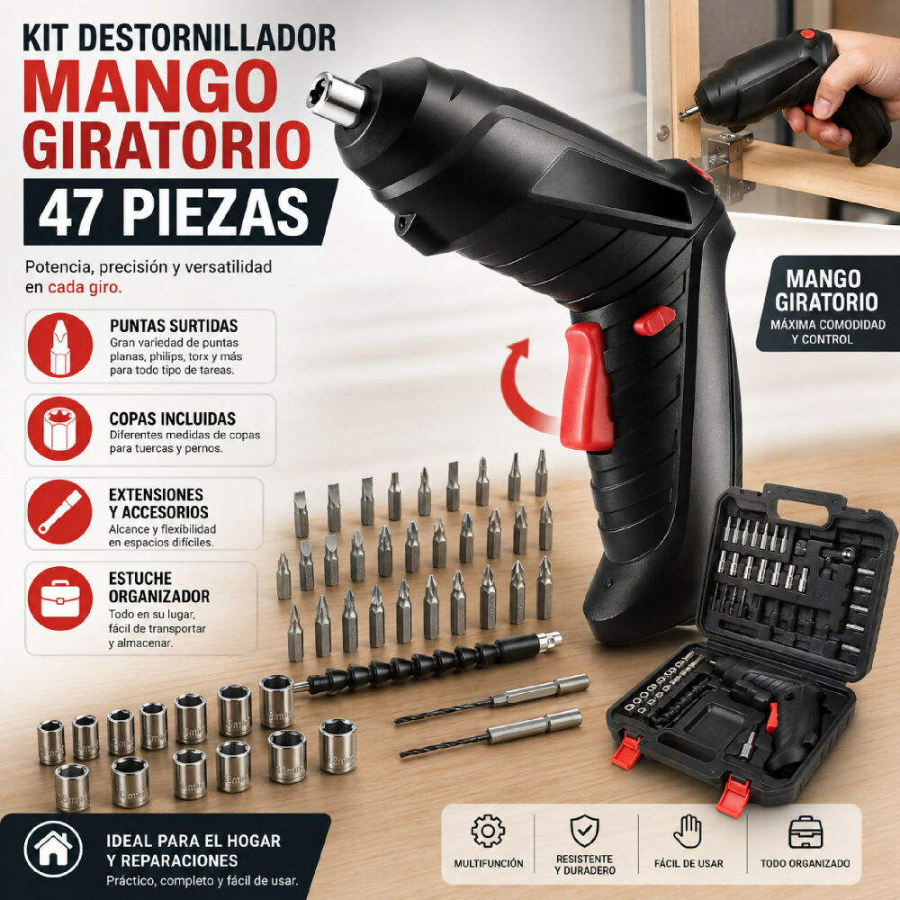Kit Destornillador Eléctrico Multifuncional 47 Piezas Mango Giratorio