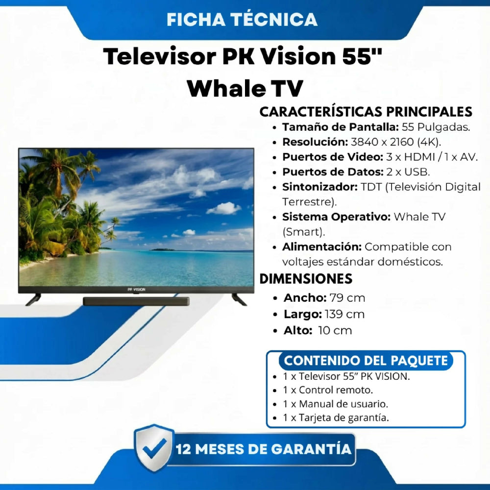 Televisor PK Vision 55 Pulgadas Smart TV Whale TV OS Resolución 4K Ultra HD