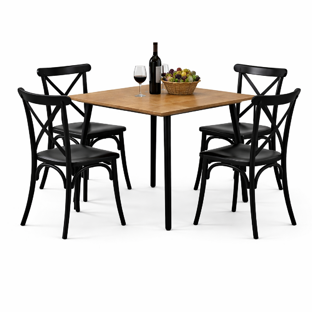 Comedor Cuadrado 74.5x80x80cm Amaretto + 4 Sillas Ibiza Negras