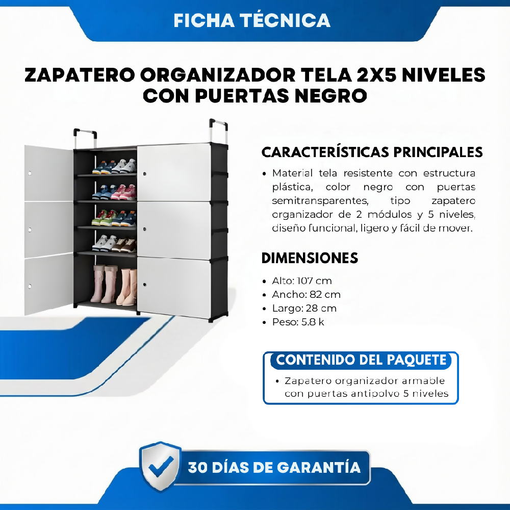 Zapatero Organizador De Tela 2x5 Niveles Con Puertas Negro