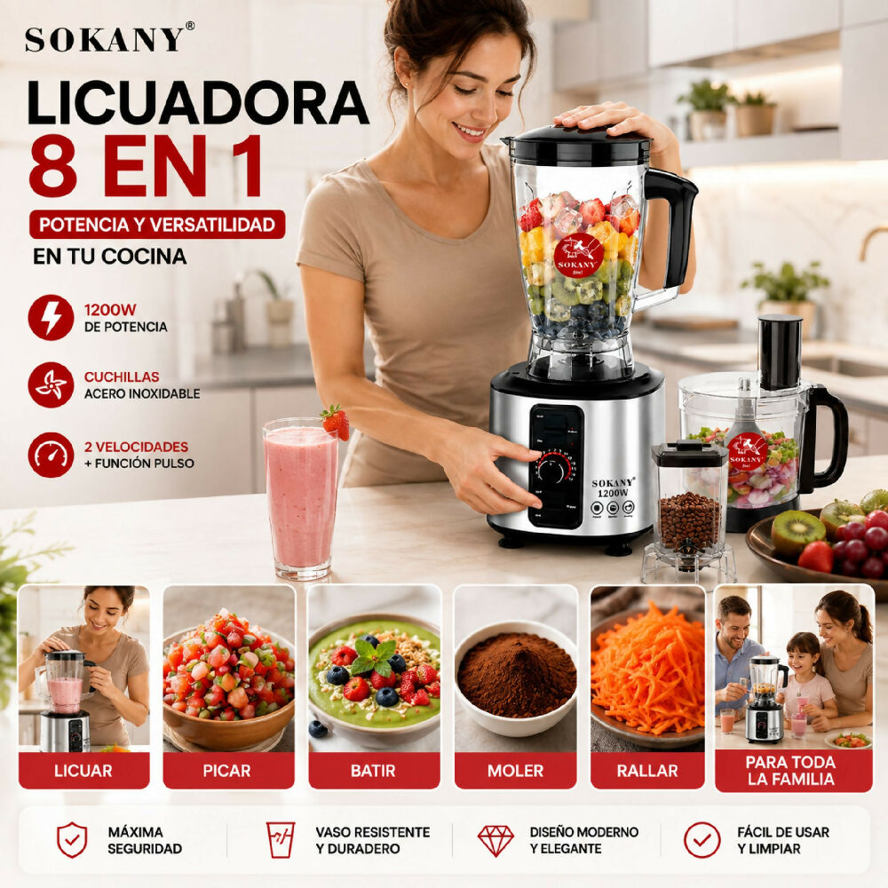 Licuadora 7 en 1 Sokany 15 Velocidades Procesador Multifuncional de Alta Potencia para Cocina Completa