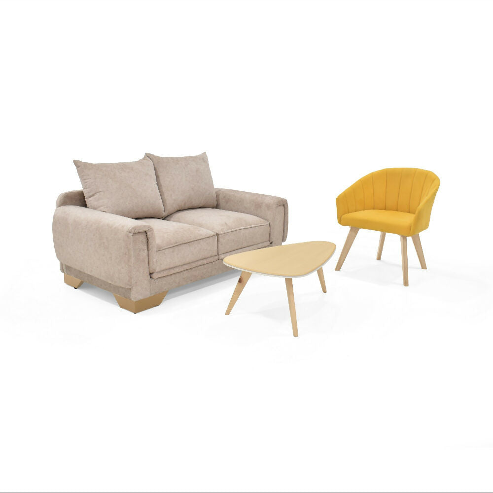 Sala con Sofa 2 Puestos Daytona Beige y Poltrona Shanghai Mostaza + Mesa Centro Drop Miel