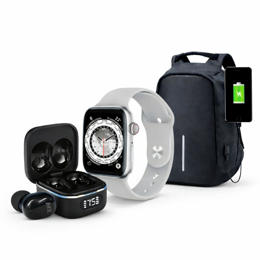 Combo Tecno Activo Audífonos Bluetooth JK5 + Smartwatch IW10 Mini + Morral Antirrobo Negro USB
