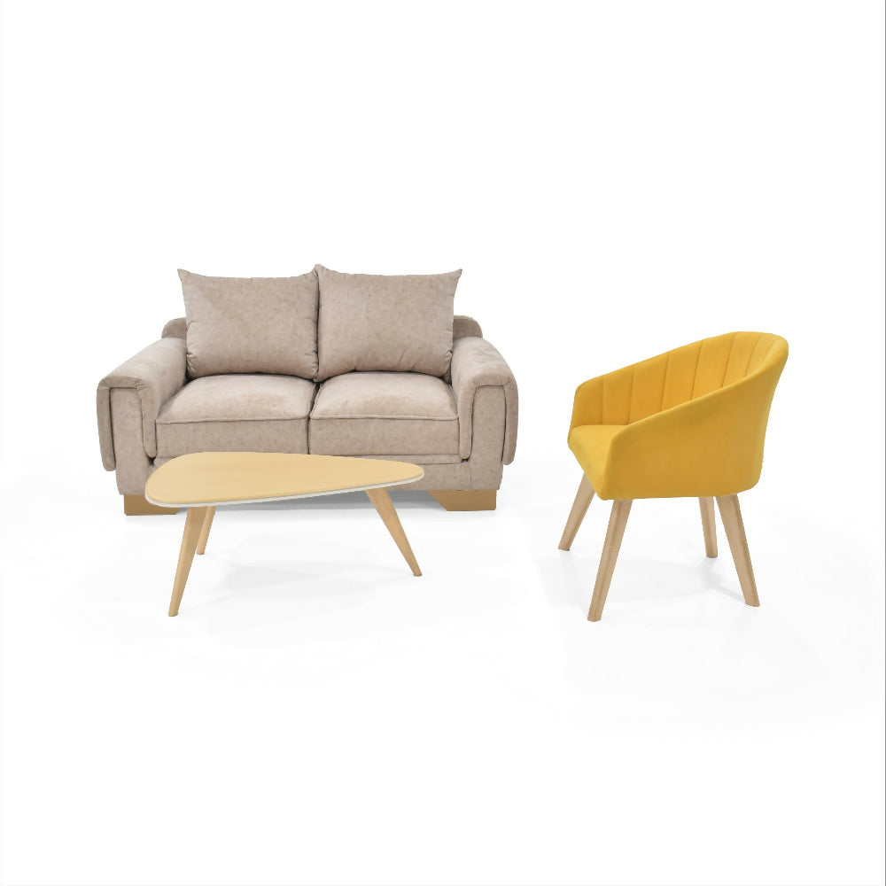 Sala con Sofa 2 Puestos Daytona Beige y Poltrona Shanghai Mostaza + Mesa Centro Drop Miel